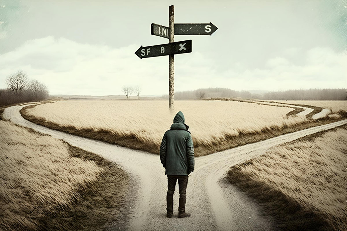 woman standing at a crossroads choosing a new path, symbolizing change